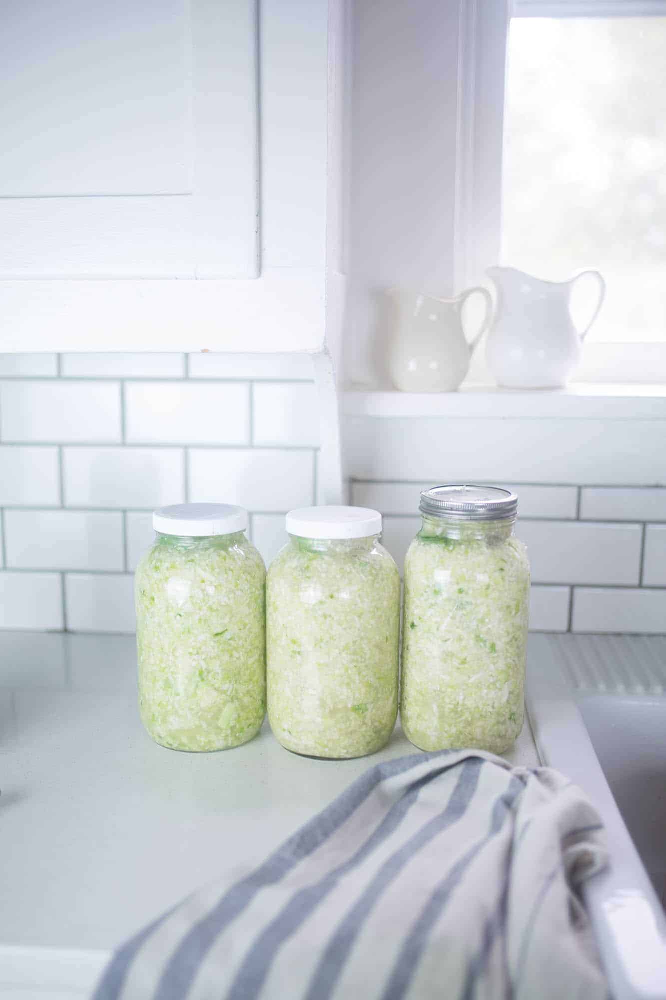 3 half gallon jars of homemade sauerkraut on a kitchen countertop 