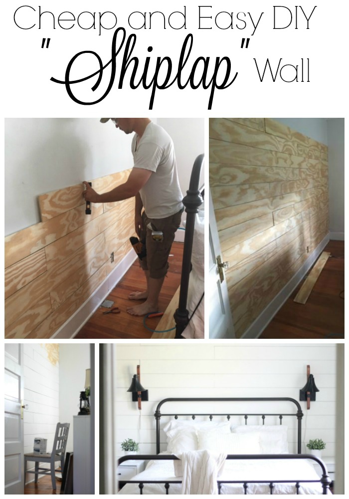 four pictures of DIY Shiplap walls in an old farmhouse.