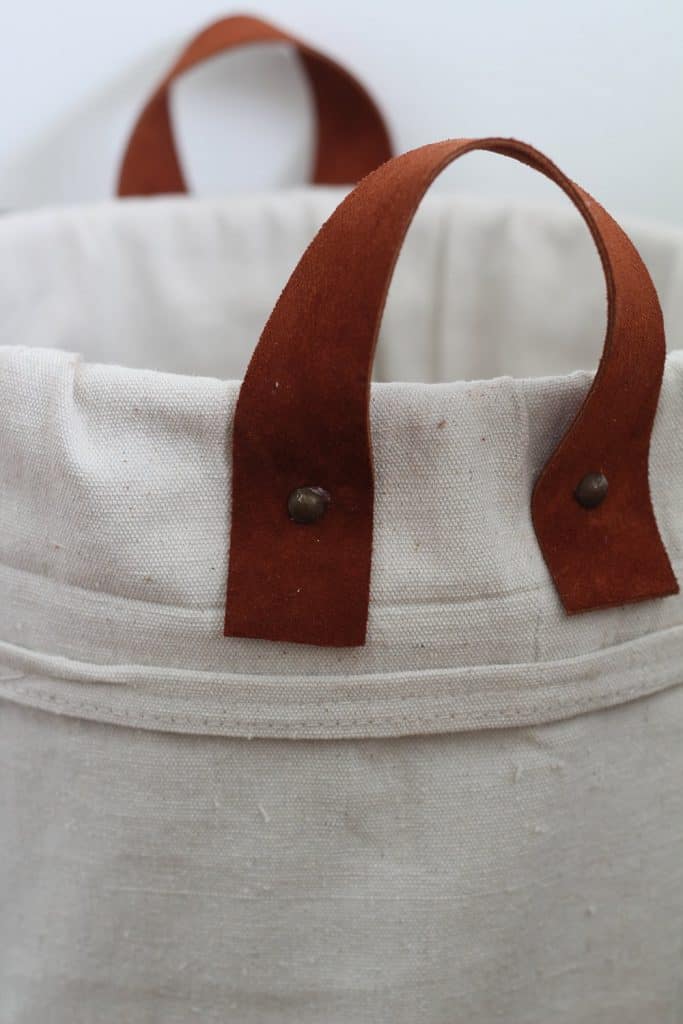 finished diy canvas tote made from a 5-gallon bucket and drop cloth