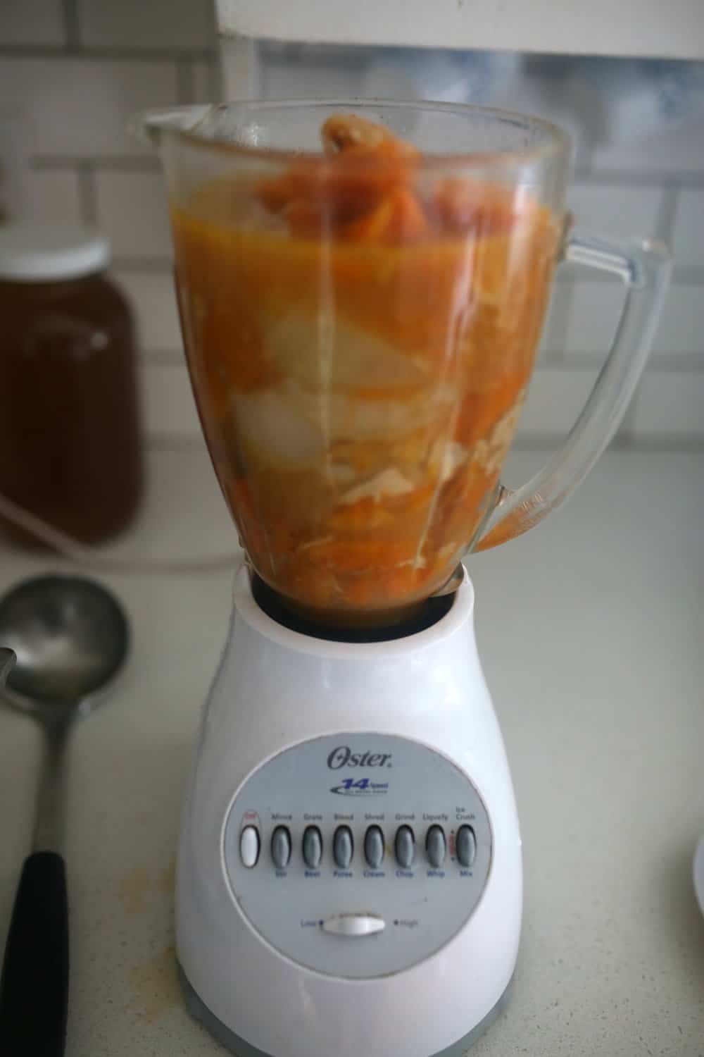 roasted butternut squash soup in a blender to puree the veggies into a creamy soup