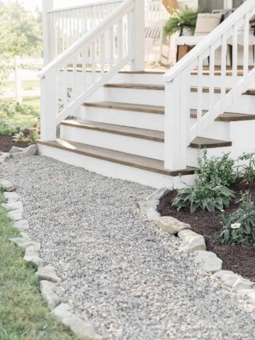See how our farmhouse front porch steps look after we covered the concrete with wood