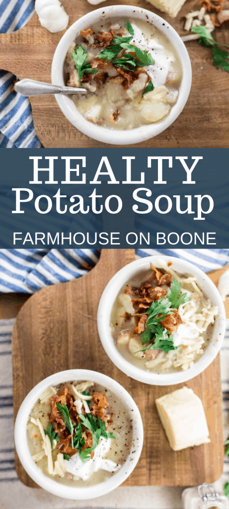 two pictures of bowls of healthy potato soup loaded with toppings on a wood cutting board