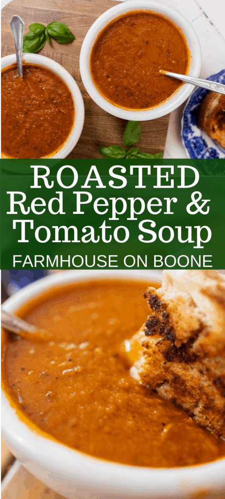 two pictures of roasted red pepper and tomato soup