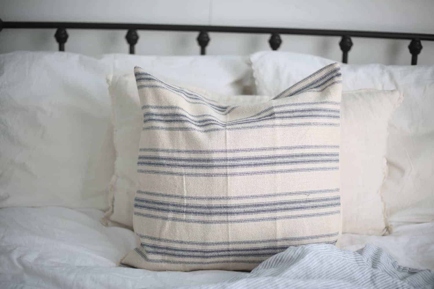Farmhouse Style 4 Stripe Grain Sack Pillow Cover, Available in Blue