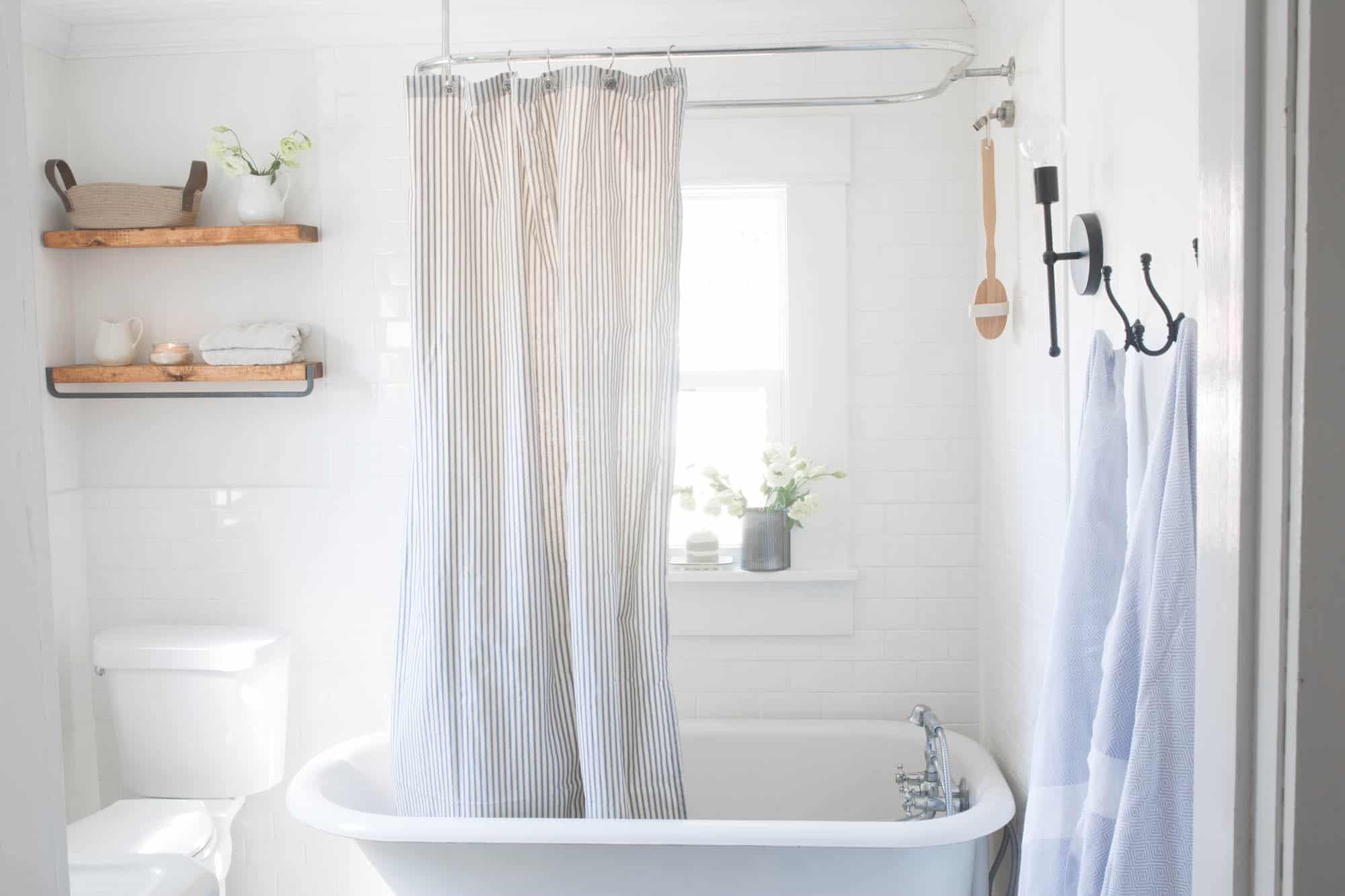 Farmhouse Bathroom Decor- Floating Shelves, Clawfoot Tub and Ironstone 