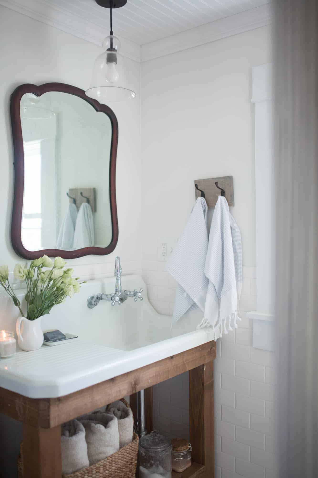 Farmhouse Bathroom Decor- Antique Farmhouse Sink and Vintage Mirror