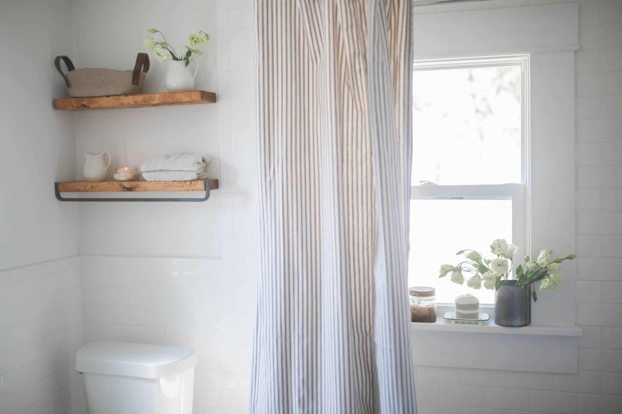 Farmhouse Bathroom Decor- Ticking Stripe Shower Curtain