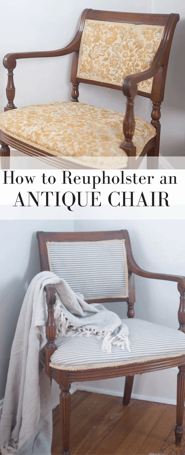 two pictures of an antique chair, before and after reupholstering in blue and white ticking stripe - how to reupholster a chair