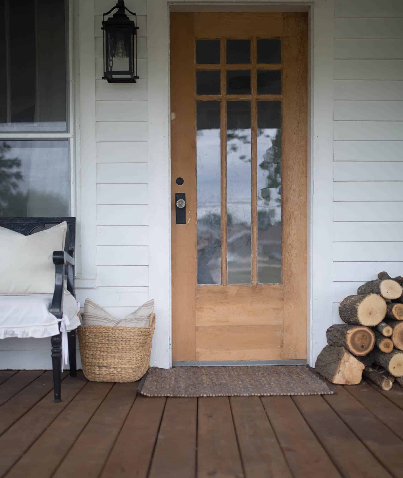 Fall Farmhouse Front Porch Natural Wood Door and Wicker Baskets
