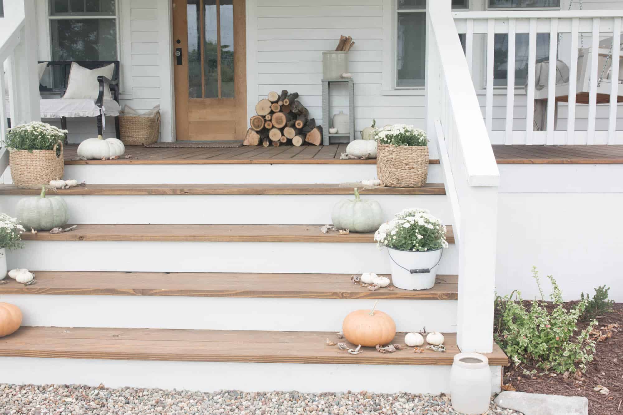 Fall Farmhouse Front Porch Decorating with Mums and Pumpkins 