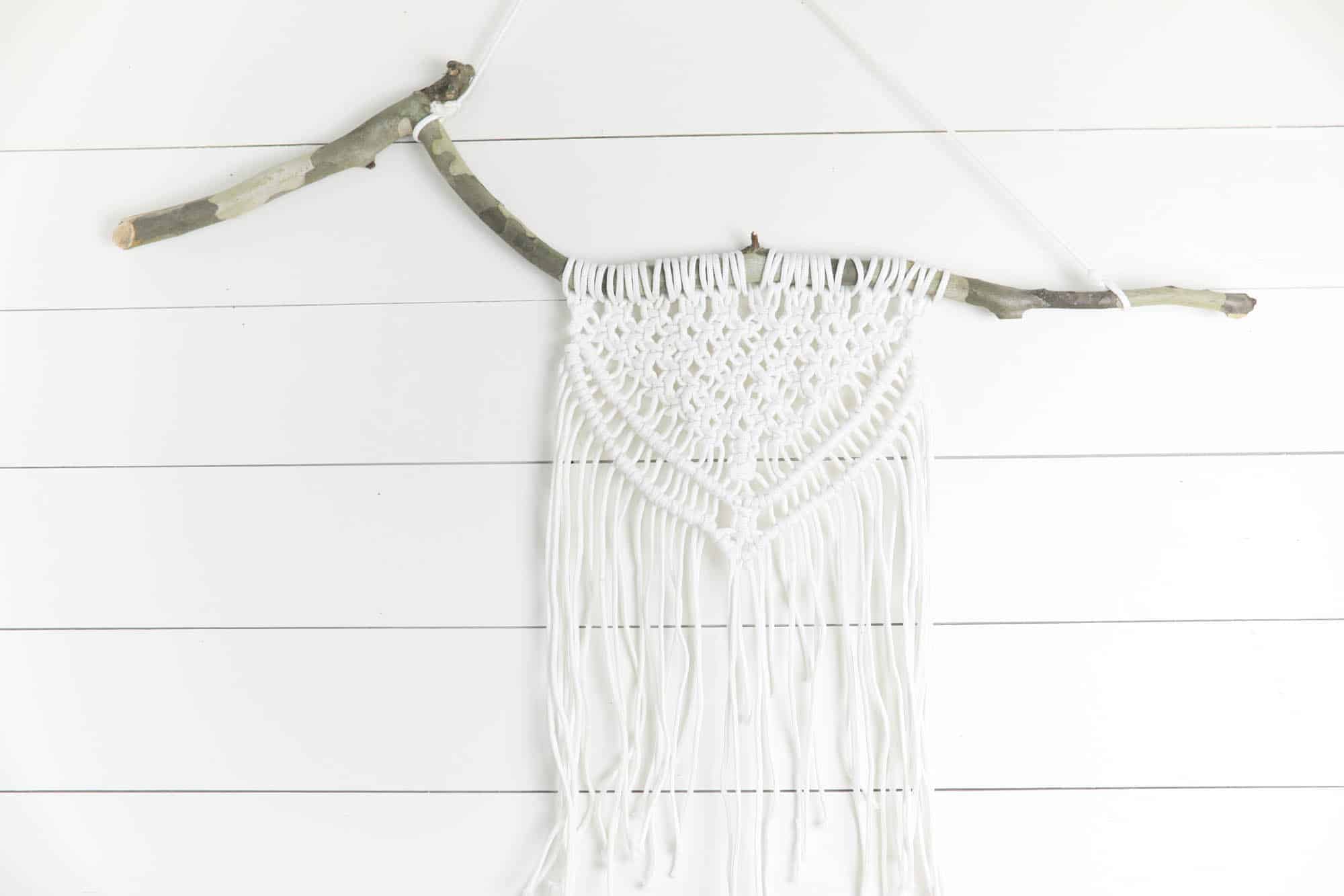 DIY macrame wall hanging on a branch using laundry cord. The branch is hung against a shiplap wall