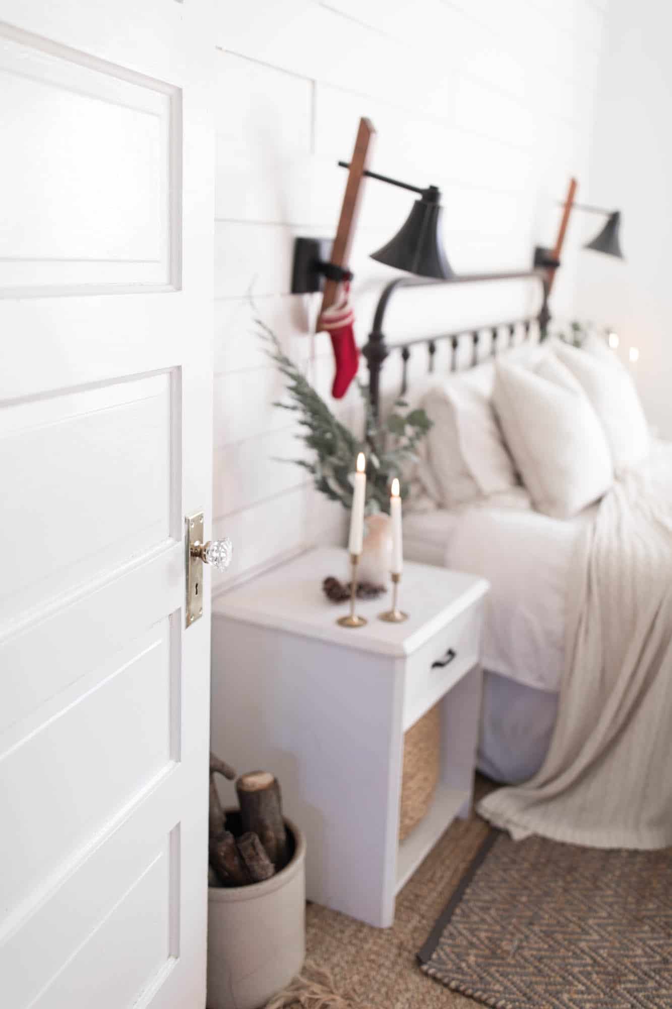 Natural Christmas Decorations Fresh Greenery and Candles in our Farmhouse Bedroom