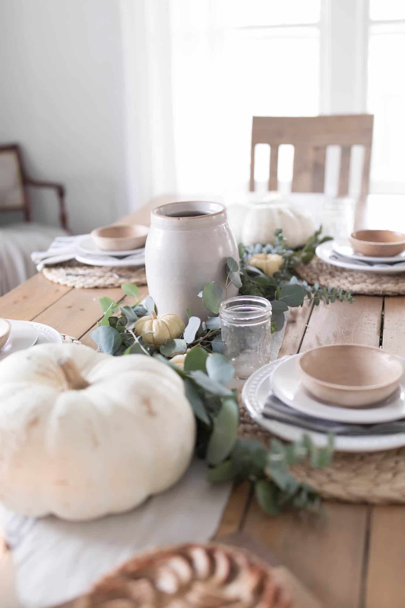 Farmhouse Thanksgiving Table Decor White and Wood Natural Elements