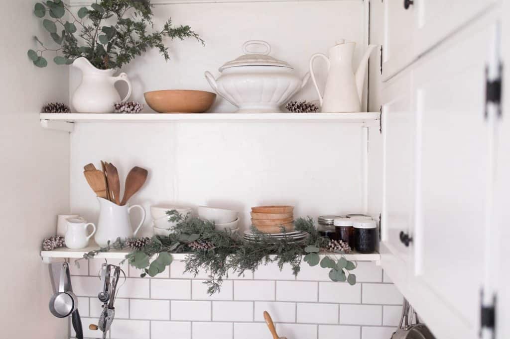 Farmhouse Christmas Kitchen Open Shelving Fresh Greenery