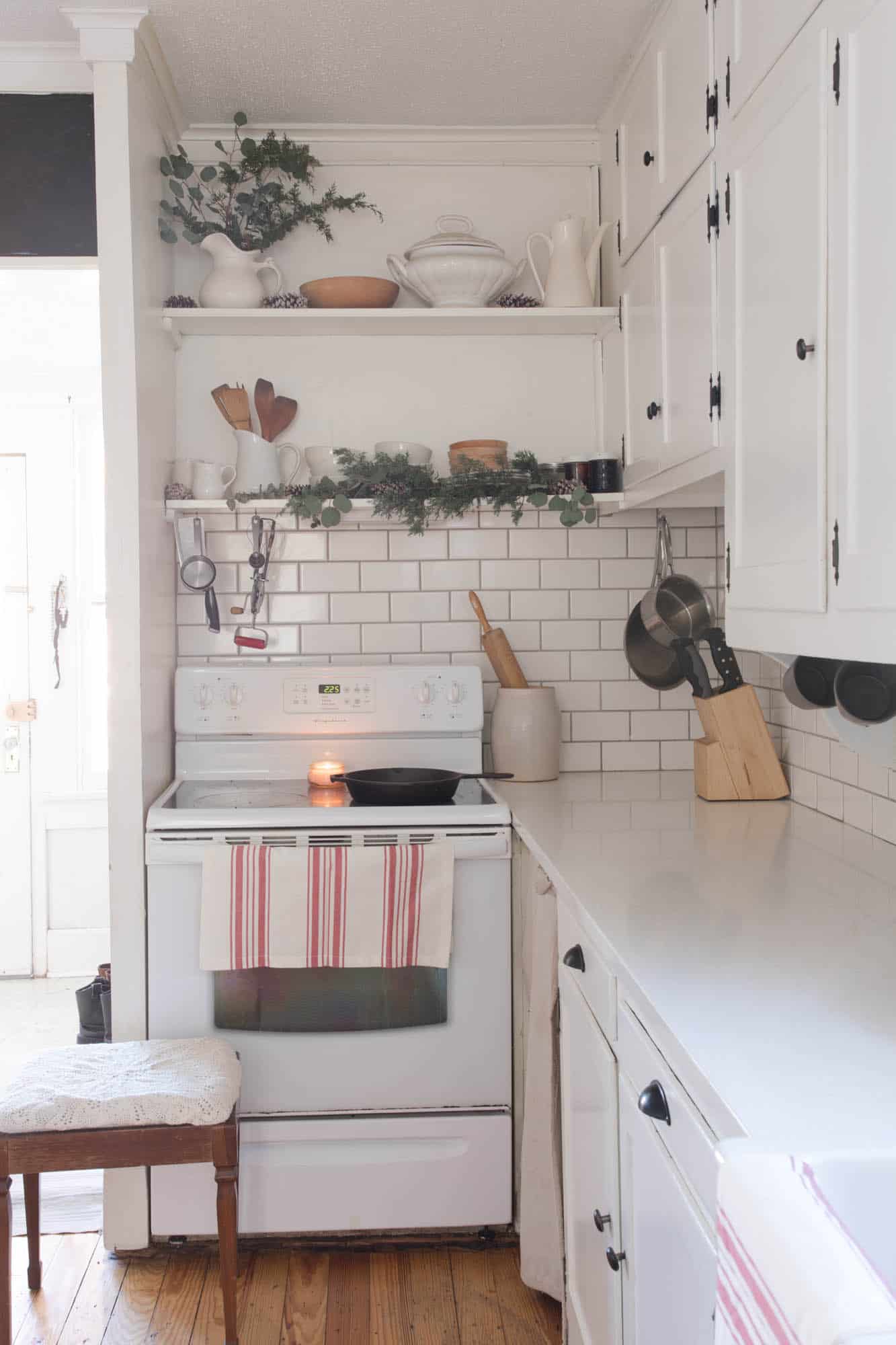 Farmhouse Christmas Kitchen Open Shelving Fresh Greenery