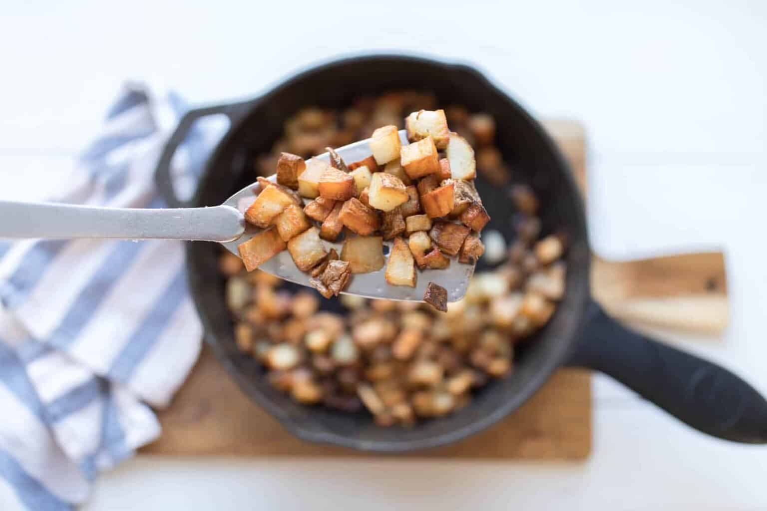 Potatoes in a skillet.