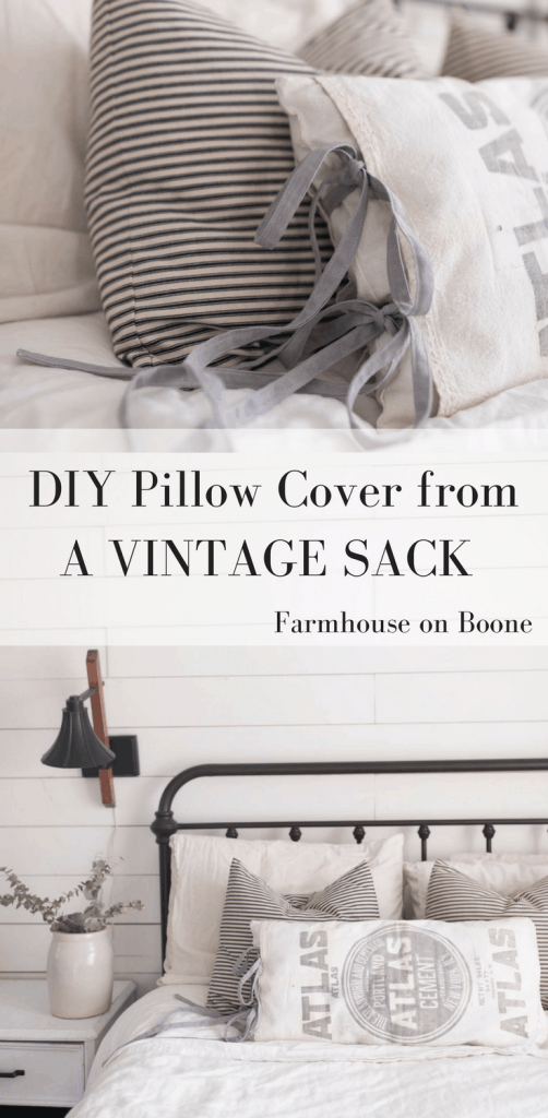 How to sew a pillow cover from a vintage sack. Farmhouse style home decor diy