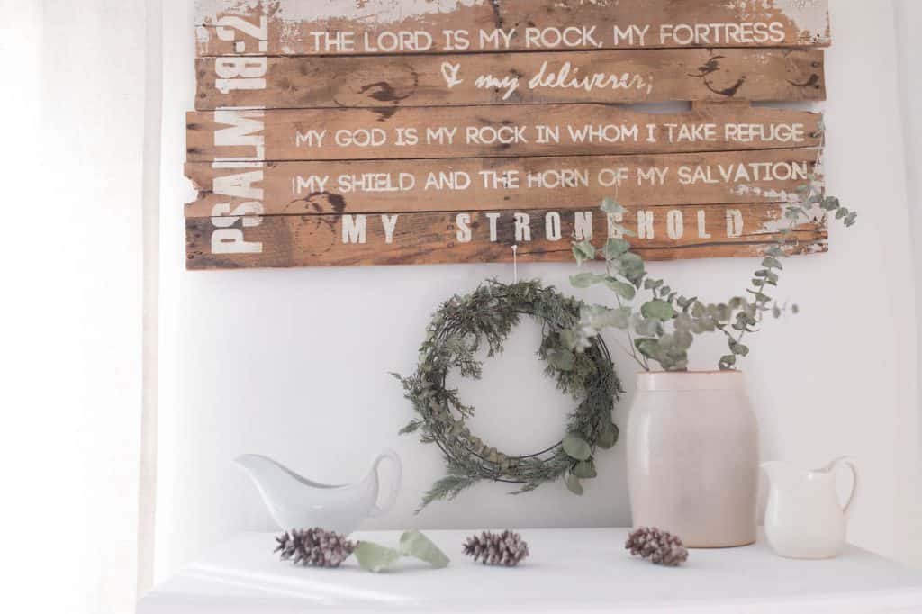 winter farmhouse bedroom eucalyptus wreath