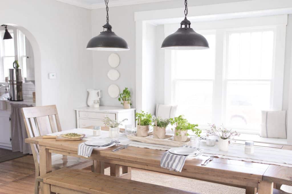 Spring farmhouse Table Setting with Herbs and Neutrals