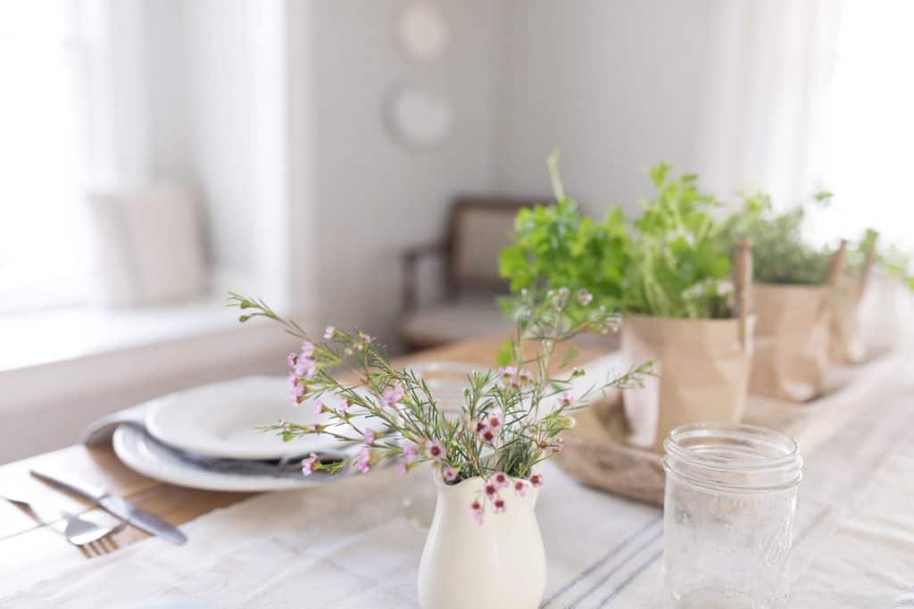wax flowers farmhouse table setting for spring