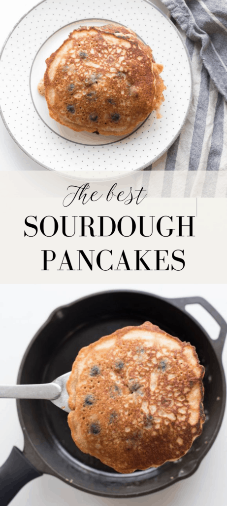 Two pictures of the best sourdough pancakes with blueberries