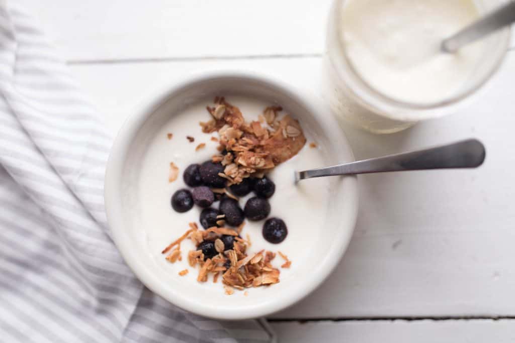 raw milk yogurt in a bowl sprinkled with blueberries and granola