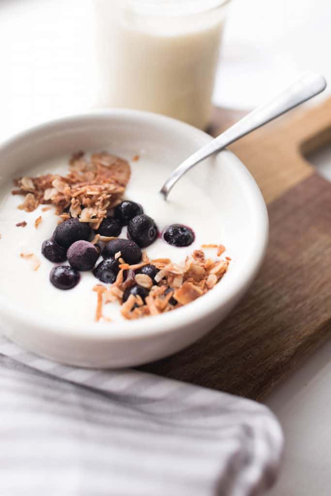 Homemade Yogurt made in the instant pot in a white bowl and topped with granola and blueberries