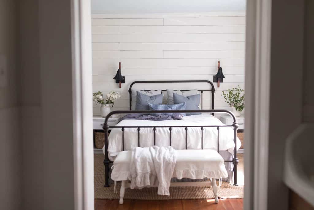 farmhouse bedroom shiplap wall summer decorating