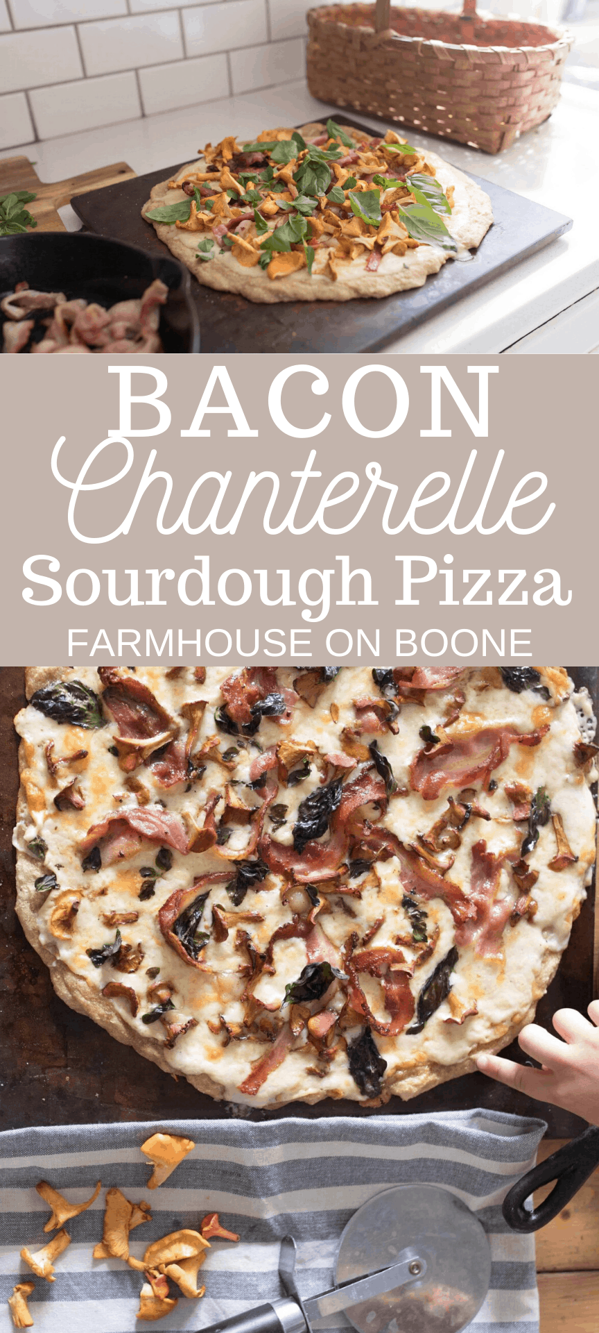 two pictures of chanterelle mushroom pizza with bacon