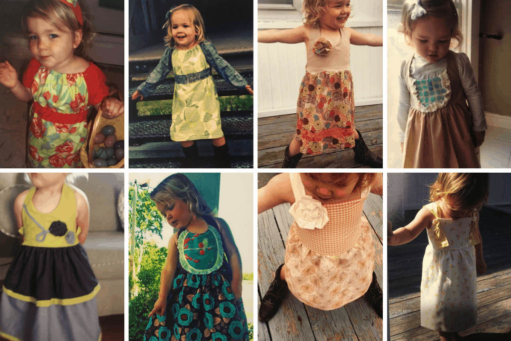 multiple pictures of homemade dresses worn by a little girl