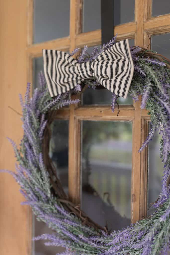 DIY lavender wreath with ticking stripe bow