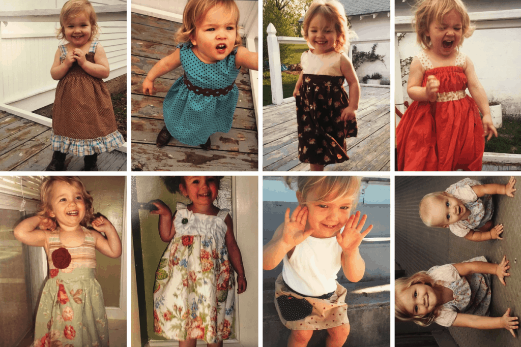 collage of pictures of a little girl wearing handmade dresses