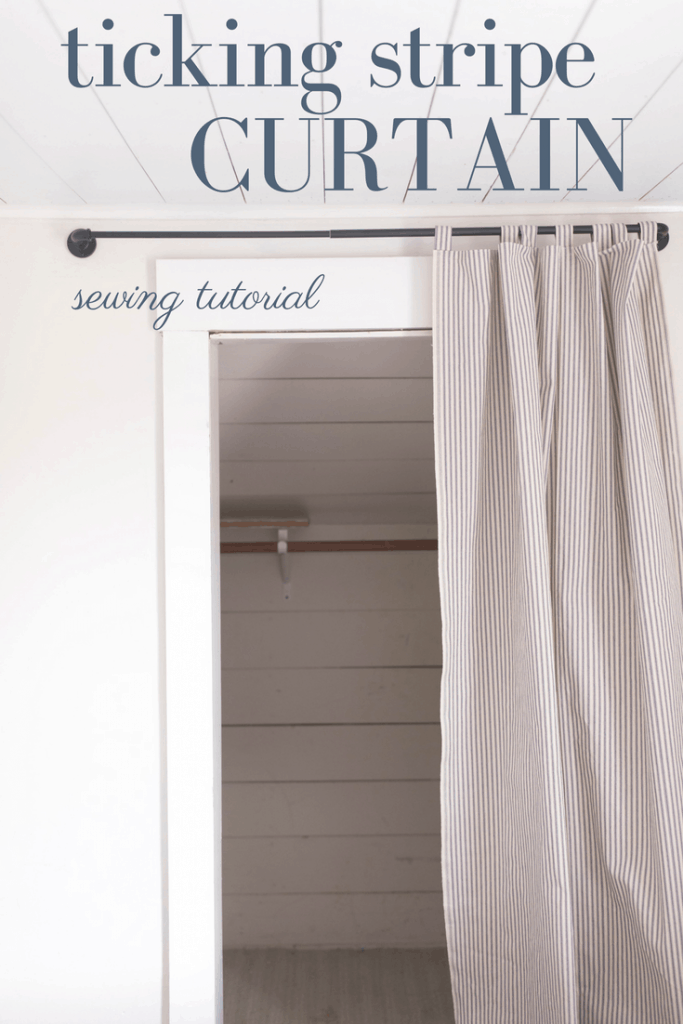 How to make a DIY ticking stripe shower curtain #farmhouse #farmhousestyle #farmhousebedroom #farmhousebathroom #ticking #stripe