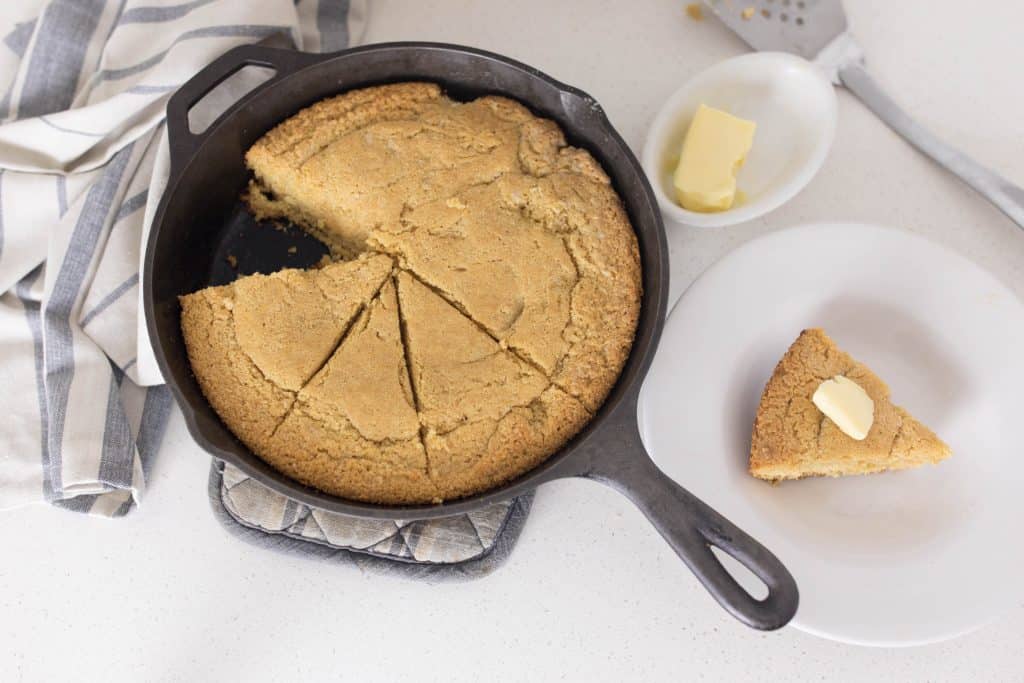 cornbread in the cast iron skillet made with einkorn and milled popcorn