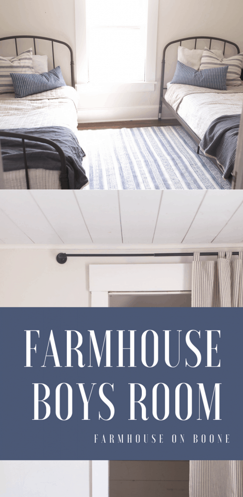 Farmhouse bedroom makeover iron bed shiplap ticking stripe farmhouse decor