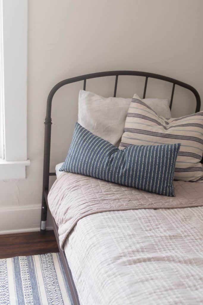 farmhouse bedding boys bedroom blue and tan stripe