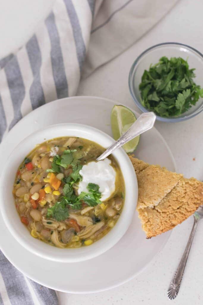 white chicken chili with homemade bone broth and dried beans