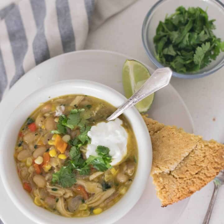 white chicken chili with homemade bone broth and dried beans