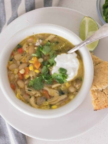 White chicken chili from dried beans with homemade bone broth