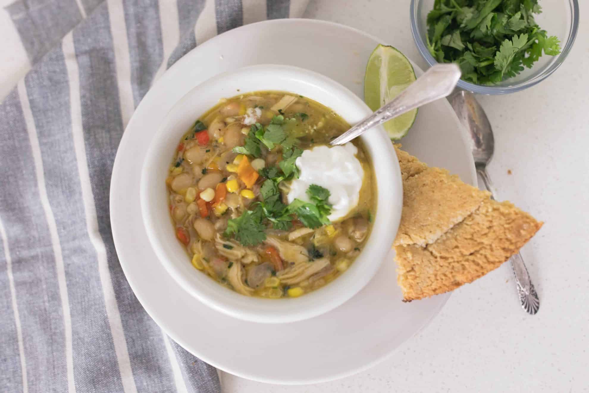 White chicken chili from dried beans with homemade bone broth