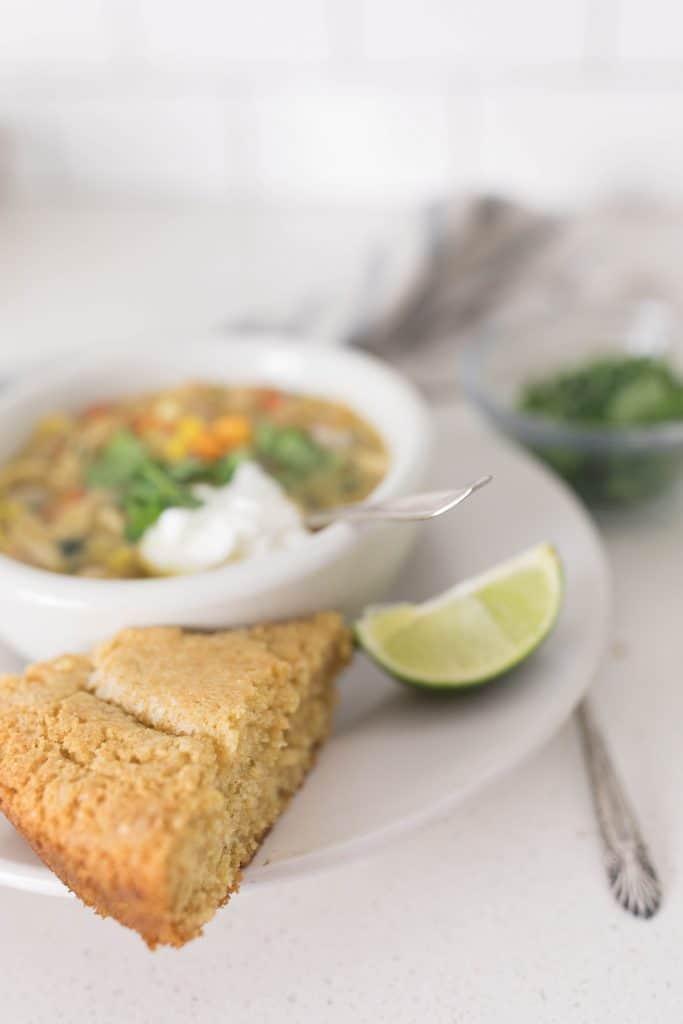 white chicken chili with homemade bone broth and cast iron cornbread healthy food from sratch