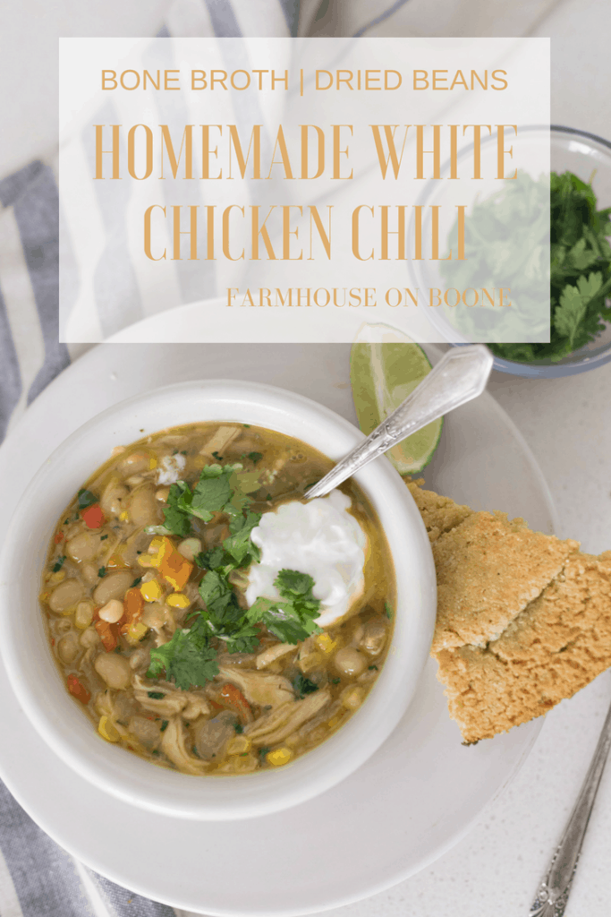 White Chicken Chili with homemade bone broth and dried beans