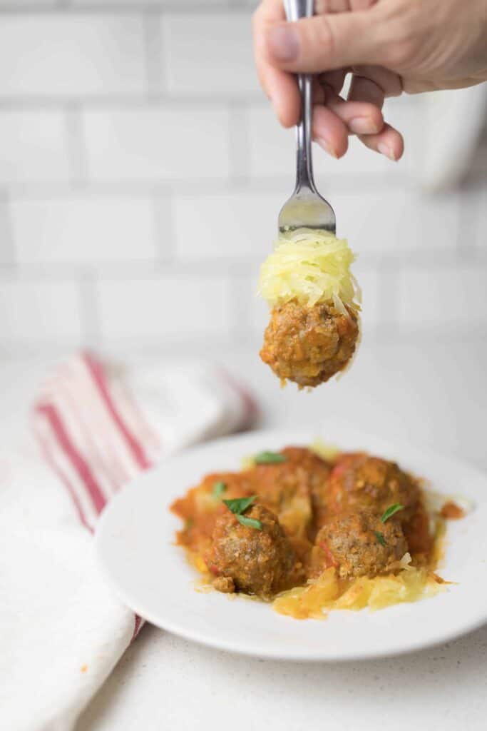 pumpkin chipotle spaghetti squash with homemade meatballs