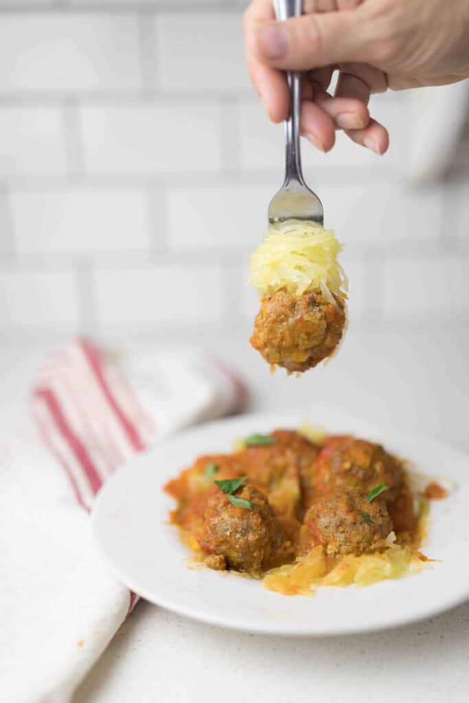 pumpkin chipotle spaghetti squash with homemade meatballs