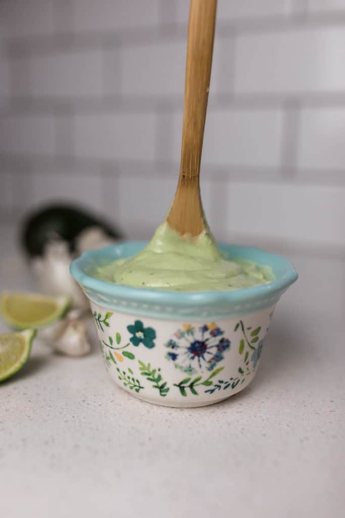 yogurt avocado aoili with fresh garlic lime juice perfect for veggies or as a sandwich spread 