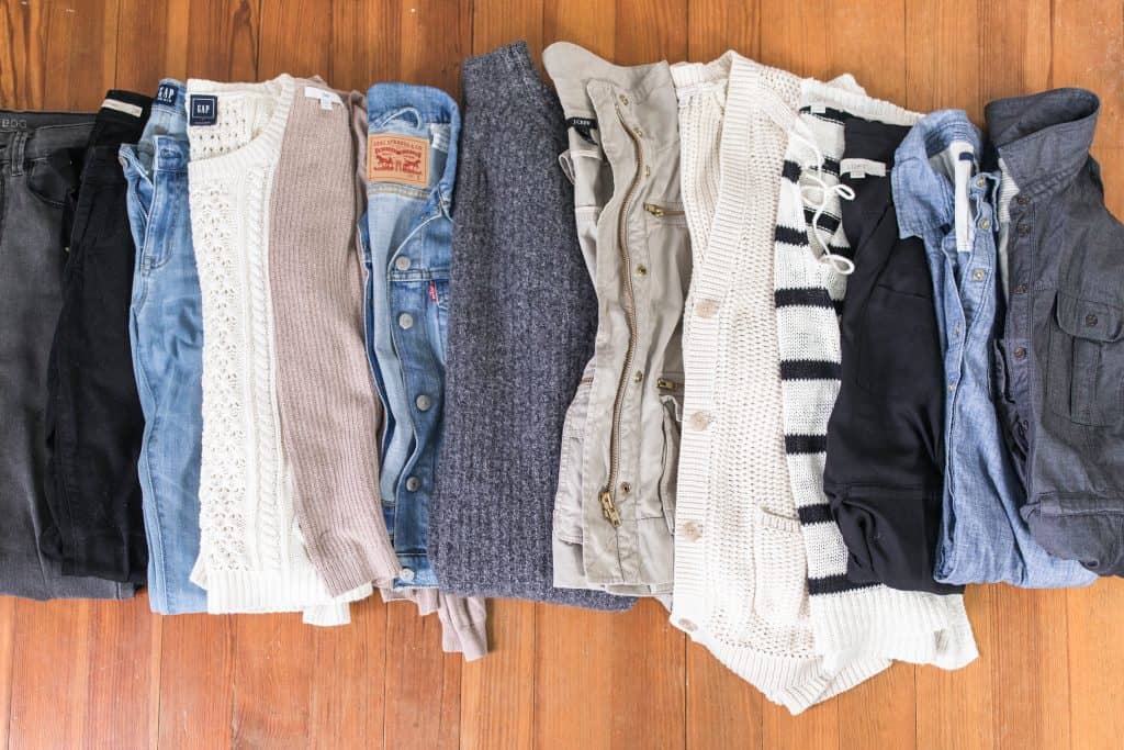 fall winter capsule wardrobe black white denim tan gray white stripes