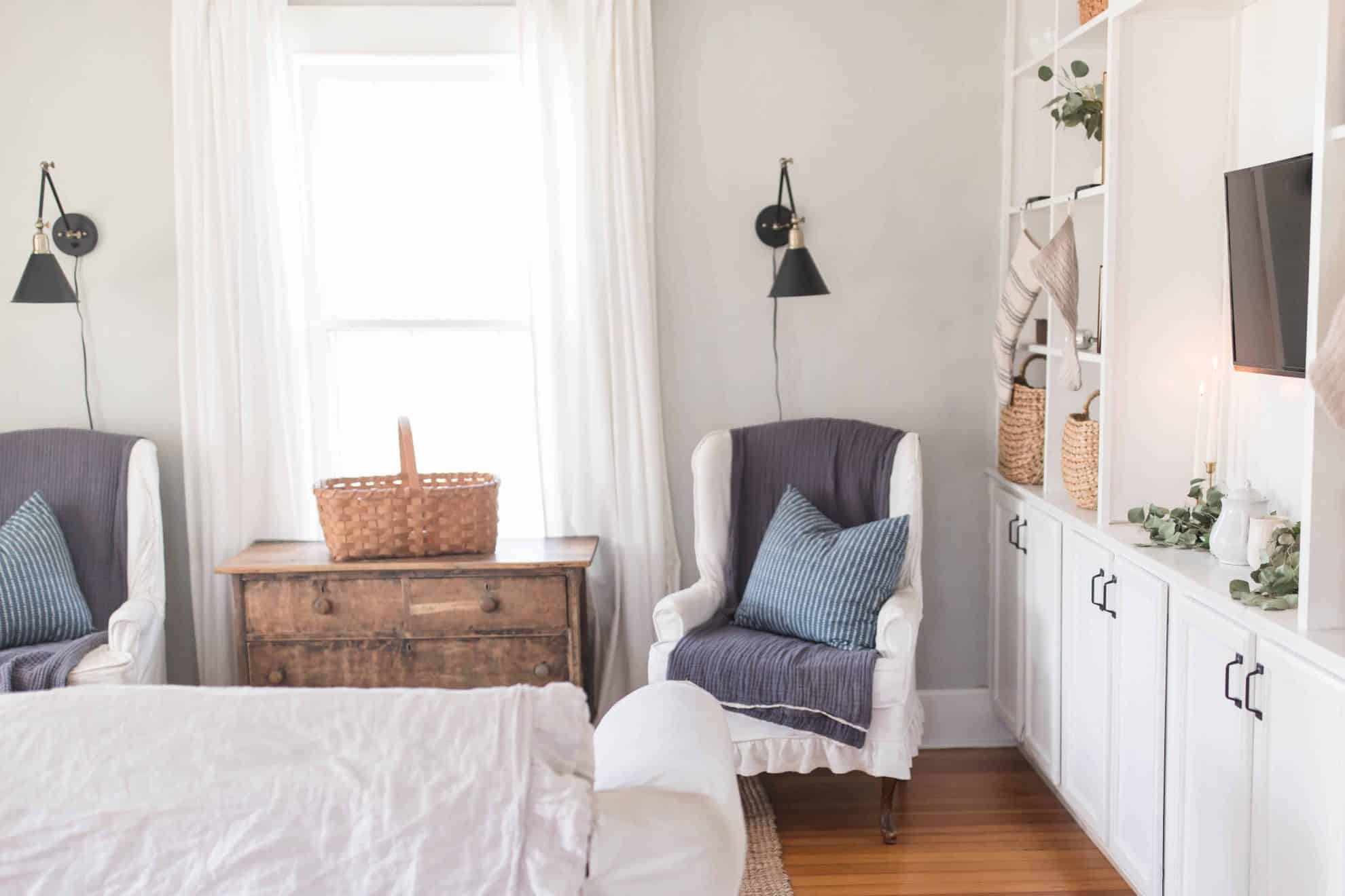 striped Christmas stockings and neutral Christmas decor for living room