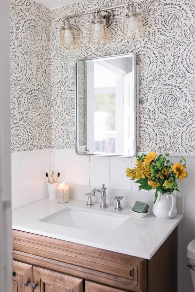 farmhouse bathroom shiplap wallpaper wood vanity