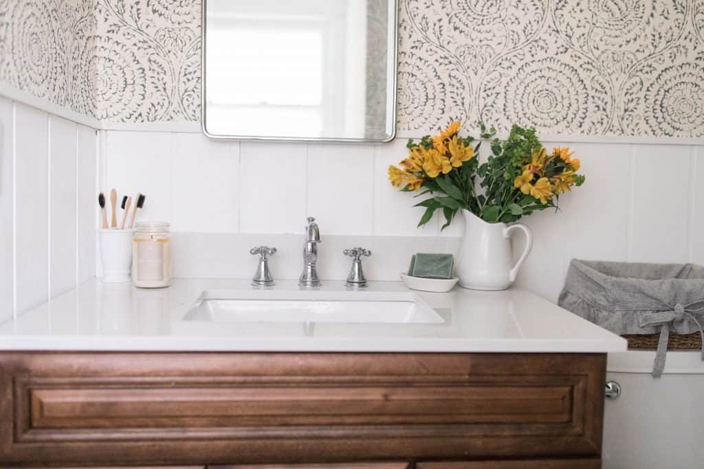 Farmhouse bathroom makeover delta faucet