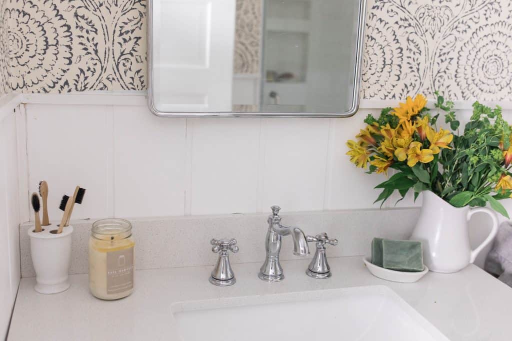 farmhouse bathroom faucet and medicine cabinet